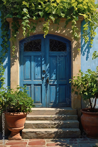 Sunlit mediterranean blue door with stone steps