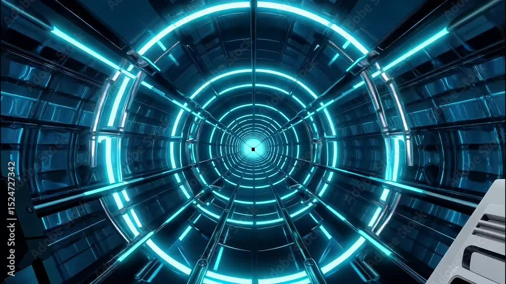 4K time-lapse of a looped 3D animation featuring a neon tunnel with rotating circular frames glowing in brilliant blue. Suitable for marketing or business purposes