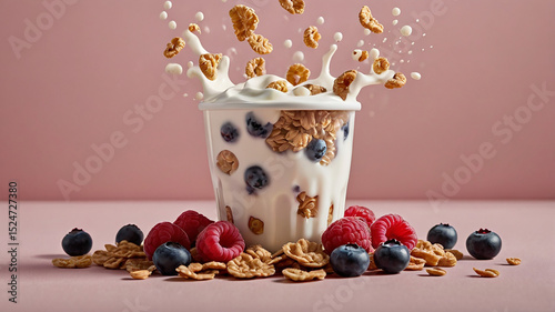 Delicious cereal with milk berries and raspberries