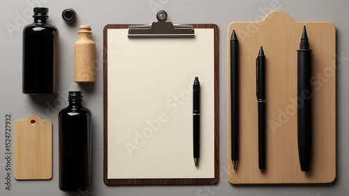 Blank clipboard with pens bottles and wooden accents