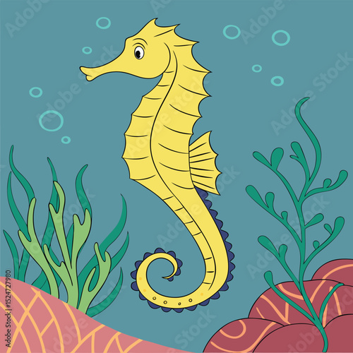 Vibrant vector illustration of a seahorse (Hippocampus) in a bright color such as yellow or orange, highlighting its unique body shape and characteristic curled tail. Ideal for marine life.
