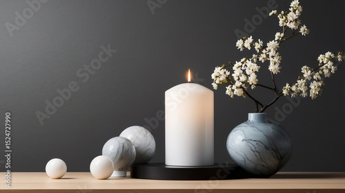 White candle with marble decor and spring blossoms