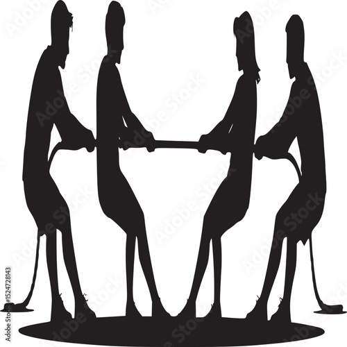 Silhouette of four people engaged in a tug of war competition on a white background in a vector style