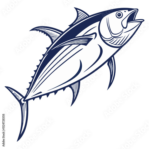 Flat vector illustration of a tuna fish (Thunnus), showcasing its powerful, torpedo-shaped body and metallic blue and silver coloration. Perfect for sport fishing or seafood industry designs.