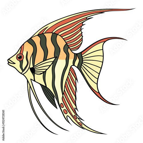 Vibrant vector graphic of a majestic angelfish (Pterophyllum), highlighting its long, flowing fins and bold striped patterns in various striking colors. Ideal for elegant aquarium or aquatic art.