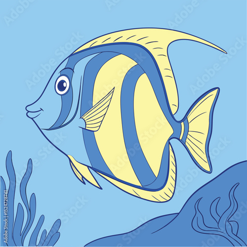 Bright vector illustration of a blue and yellow tang fish (Paracanthurus hepatus) swimming gracefully. Flat design with simple shading. Perfect for coral reef or Dory-style character themes.