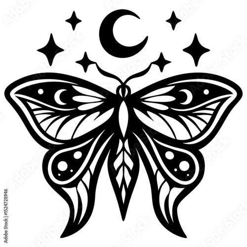 Luna Moth with Crescent Moon and Stars