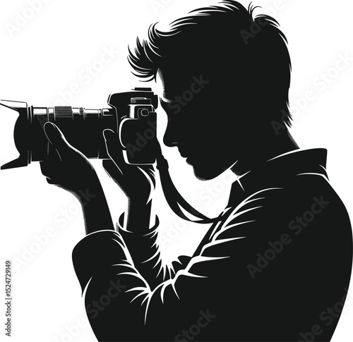 Silhouette of male photographer taking photo with camera, professional photography concept, vector art for creative media design