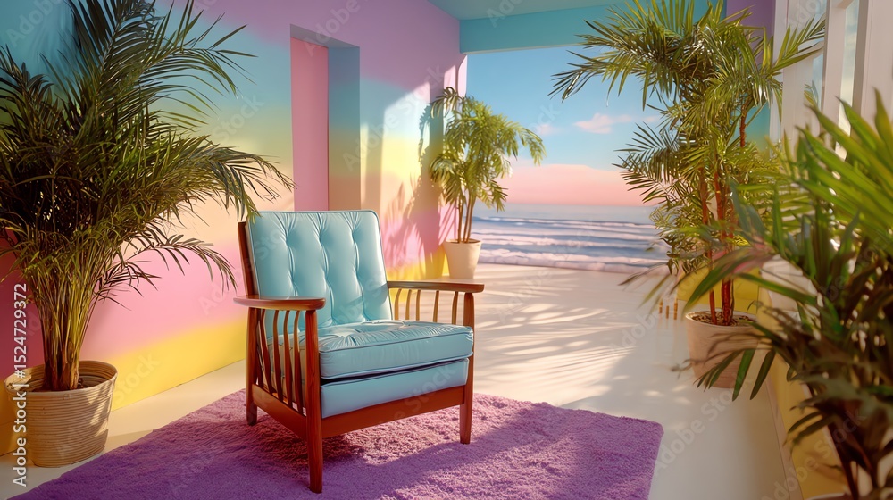 Fototapeta premium Serene Coastal Living Room: Pastel Walls, Turquoise Armchair, Palm Trees, Ocean View