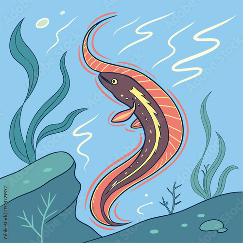 Colorful vector illustration of an electric eel (Electrophorus), featuring its elongated body and a subtle, stylized electric aura. Perfect for unique aquatic or energy-themed designs.