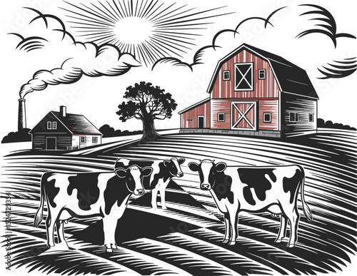 Vintage farm scene with cows and barn, rural landscape illustration, countryside agriculture vector, traditional farming artwork with livestock