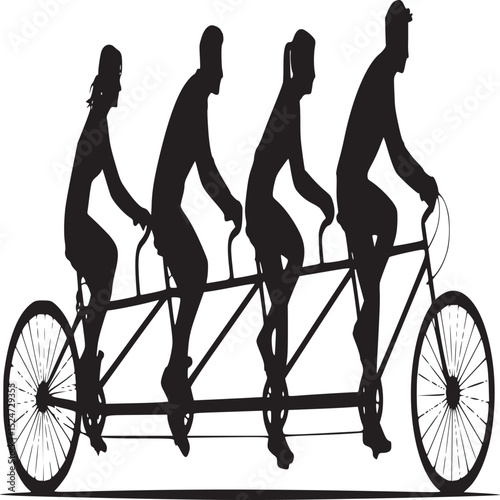 Silhouette of four people riding a tandem bicycle against a plain white background in simple illustration