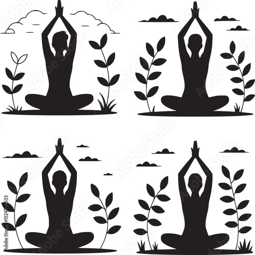 Four yoga poses in silhouette with nature elements in a grid pattern on a white background