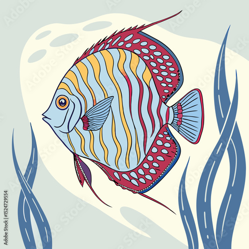Colorful vector illustration of a discus fish (Symphysodon), highlighting its distinctive round body shape and intricate, vibrant patterns in shades of blue, red, or yellow.
