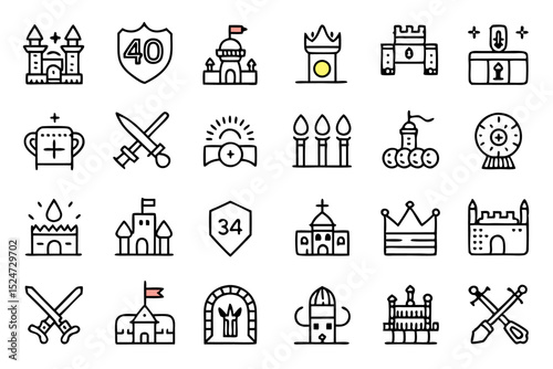 Medieval king knight line icons set isolated on transparent background