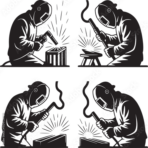 Four illustrations of welders in protective gear welding metal with bright sparks in black and white