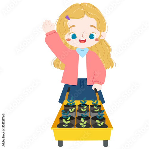 Cute european girl with blue eyes is pushing garden cart with seedling inside in a summer