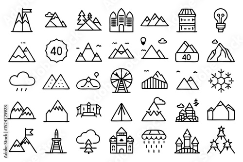 Collection of line icons depicting mountainous hilly nature scenes with rocks isolated on transparent background
