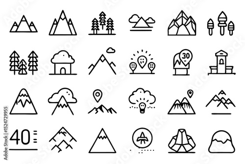 Collection of line icons depicting mountainous hill nature and rock formations isolated on transparent background