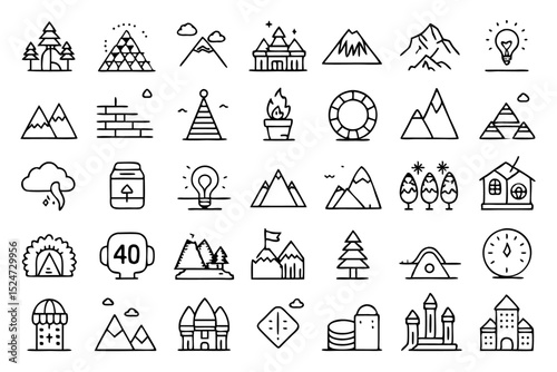 Collection of line icons depicting mountainous hilly nature scenes with rocks isolated on transparent background