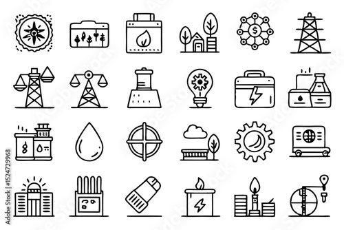 Collection of line icons depicting natural resources and energy sources isolated on transparent background
