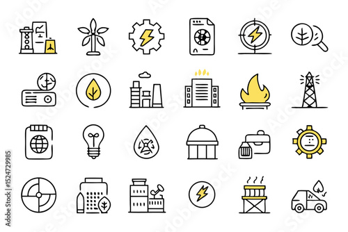 Collection of line icons depicting natural resources and energy sources isolated on transparent background