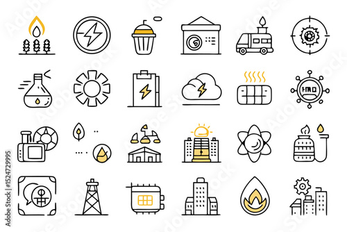Collection of line icons depicting natural resources and energy sources isolated on transparent background