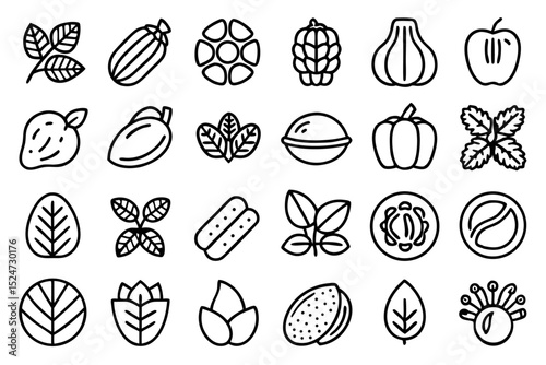 Collection of line icons depicting nuts seeds and beans including walnuts and sesame seeds isolated on transparent background