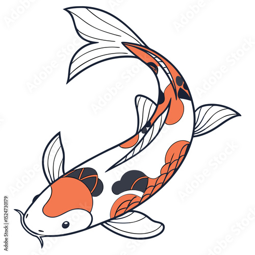 Colorful flat vector of an elegant koi fish (Cyprinus rubrofuscus), featuring its distinctive orange, white, and black markings. Symbolizes luck, prosperity, and Japanese garden aesthetics.