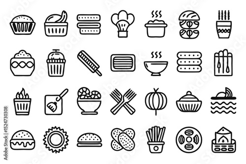 Collection of line icons depicting pasta macaroni and spaghetti dishes isolated on transparent background