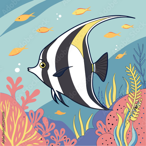 Colorful vector illustration of a Moorish idol (Zanclus cornutus), highlighting its striking black, white, and yellow bands and distinctive elongated dorsal fin. Ideal for reef aquarium.