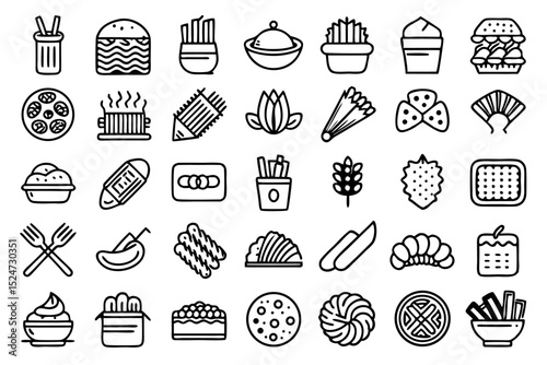 Collection of line icons depicting pasta macaroni and spaghetti dishes isolated on transparent background