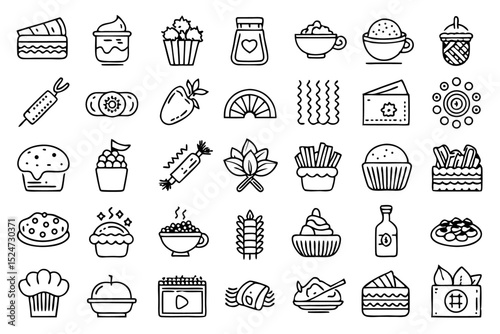 Collection of line icons depicting pasta macaroni and spaghetti dishes isolated on transparent background