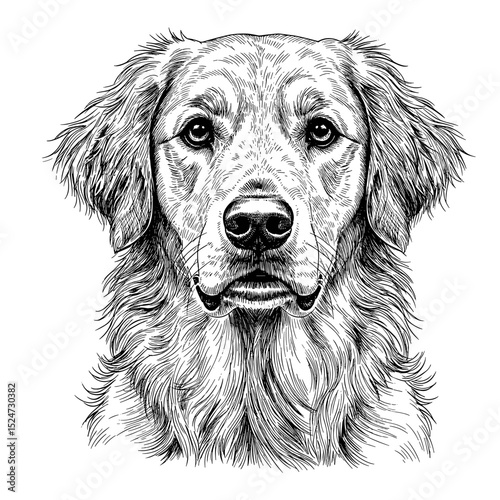 Golden Retriever portrait in line art.  Detailed engraving drawing of loyal dog breed.  Golden Retriever image for pet food design and animal themed websites.
