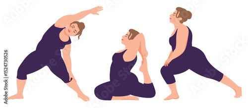 Curvy plus size women doing yoga in various poses flat illustration