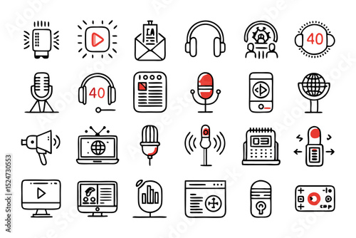 Podcast microphone broadcast line icons set isolated on transparent background