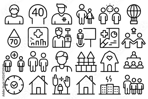 Collection of line icons depicting population demographics citizens people isolated on transparent background