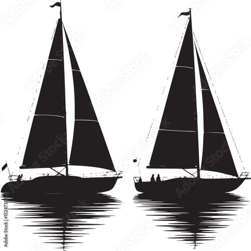 Two sailboats in black silhouette reflected on the water on a white background in a simple design