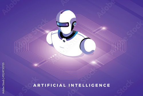 A white robot bust floats in a purple space surrounded by glowing circuits and Artificial Intelligence text at the bottom