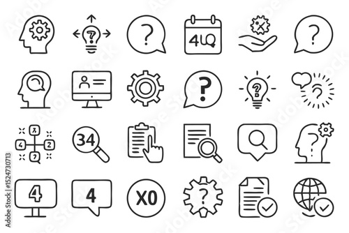 Collection of line icons depicting query question ask help and conference concepts isolated on transparent background