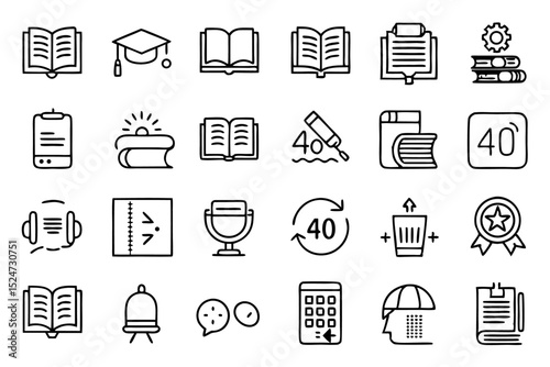 Collection of line icons depicting reading book knowledge and information isolated on transparent background