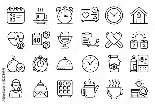 Collection of line icons depicting a routine morning wake up and daily life activities isolated on transparent background