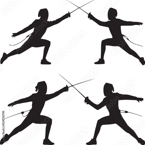 Silhouettes of two fencers in action with swords crossed in four different poses on white background