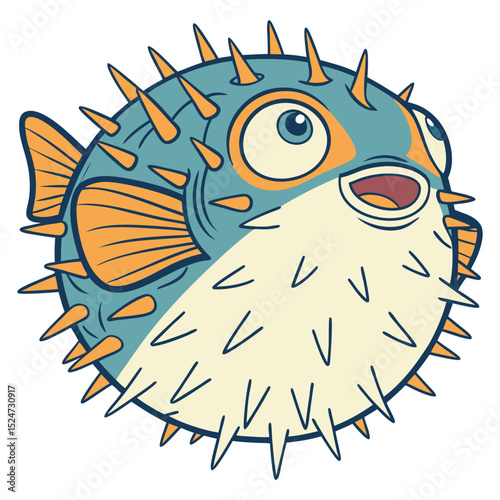Colorful vector graphic of a pufferfish (Tetraodontidae), depicted slightly inflated with visible spines and a curious, stylized expression. Ideal for unique or humorous aquatic designs.
