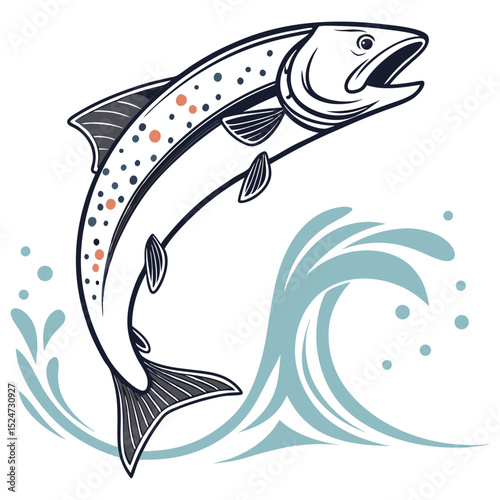 Flat vector design of a salmon (Salmo salar) in a dynamic swimming pose, showcasing its sleek silver body and characteristic spots. Ideal for fishing, seafood, or wildlife themes.