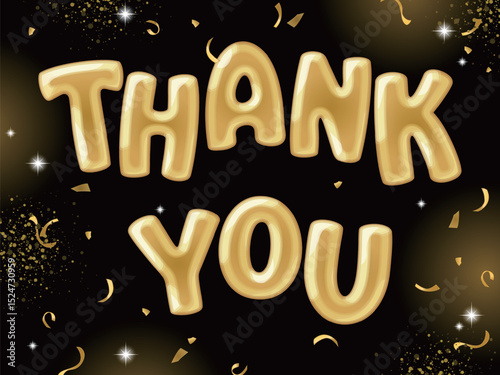 Gold Balloon Thank You Text with Confetti on Black Background 4X3