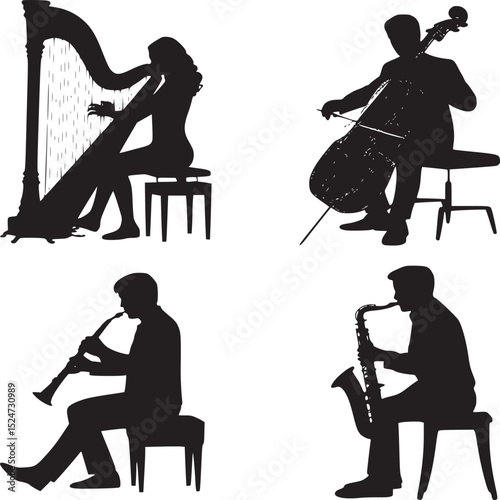 Silhouette musicians playing harp cello clarinet and saxophone on white background illustration