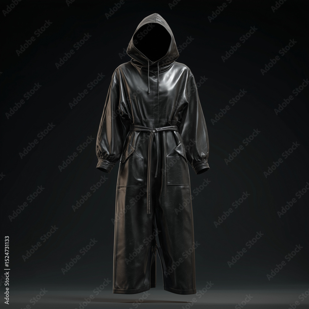 mock up raincoat overalls,black raincoat overalls with belt at waist, stiff and elegant look, tight hoodie, simple dark black background, 3D, ai generated images. mock up raincoat overalls,black raincoat overalls with belt at waist, stiff and elegant look, tight hoodie, simple dark black background, 3D, ai generated images.