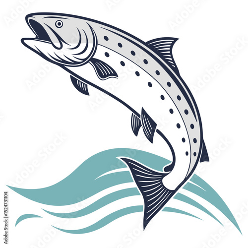 Flat vector design of a salmon (Salmo salar) in a dynamic swimming pose, showcasing its sleek silver body and characteristic spots. Ideal for fishing, seafood, or wildlife themes.