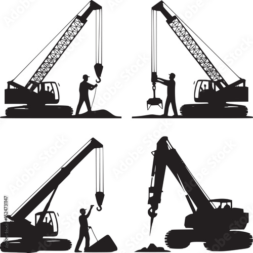Silhouettes of construction workers operating cranes and a pile driver against a white background